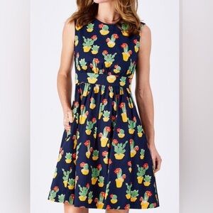 Emily and Fin Lucy Retro Cactus Print Sleeveless Lined Dress. Size L. Navy.